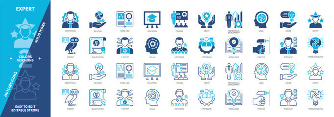 Expert icon set. Competence, Wisdom, Solution, Qualification, Skills, Specialist, Experience, Problem Solving. Duotone color solid and editable outline icons