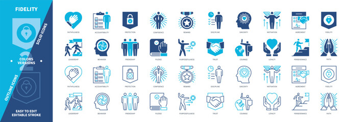 Fidelity icon set. Purposefulness, Discipline, Faith, Accountability, Courage, Reward, Loyalty, Friendship. Duotone color solid and editable outline icons