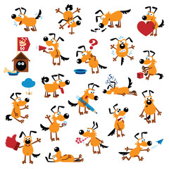 Funny cartoon dog set. Dogs tricks and action. Kind funny puppies jump, have fun, fool around, sleep, bark and play. Colorful vector illustration