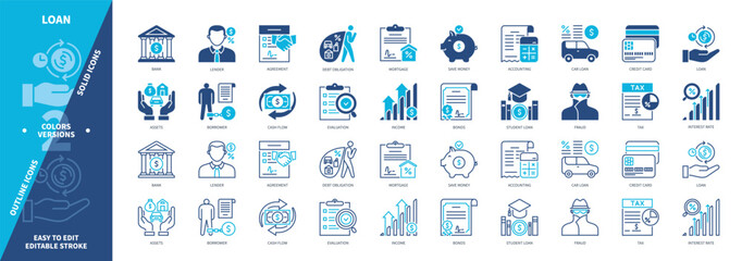 Loan icon set. Car Loan, Save Money, Assets, Lender, Mortgage, Credit Card, Debt Obligation, Agreement. Duotone color solid and editable outline icons