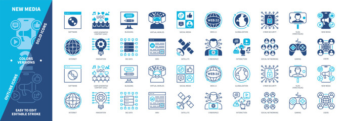 New Media icon set. Content, Cybersecurity, Social Networking, Social Media, Cyberspace, Innovation, UGC, Satellite. Duotone color solid and editable outline icons