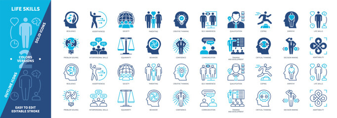 Life Skills icon set. Qualification, Communication, Empathy, Coping, Assertiveness, Resilience, Adaptability, Problem Solving. Duotone color solid and editable outline icons