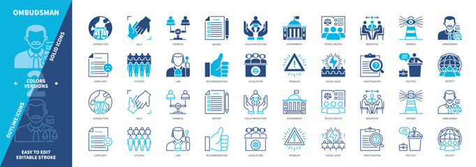 Ombudsman icon set. Mediation, Investigation, Child Protection, Oversee, Social Issue, Fairness, Problem, Help. Duotone color solid and editable outline icons