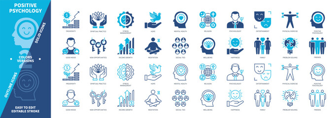Positive Psychology icon set. Good Mood, Prosperity, Friends, Family, Religion, Hope, Opportunities, Stress Management, Meditation. Duotone color solid and editable outline icons