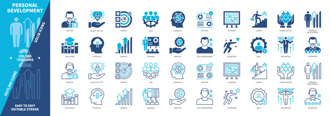 Personal Development icon set. Self Improvement, Activity, Capabilities, Aspiration, Targets, Psychology, Mentor, Education. Duotone color solid and editable outline icons