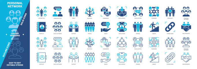 Personal Network icon set. Family, Relationship, Teamwork, Strong Bond, Community, Contacts, Social Media, Support. Duotone color solid and editable outline icons