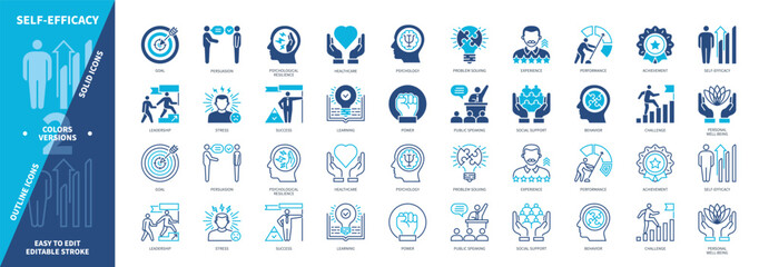 Self-Efficacy icon set. Goal, Learning, Problem Solving, Leadership, Performance, Achievement, Behavior, Success. Duotone color solid and editable outline icons