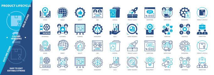 Product Lifecycle icon set. Product Launch, Design, Resources, Marketing, Engineering, Disposal, Supply Chain, Advertising. Duotone color solid and editable outline icons