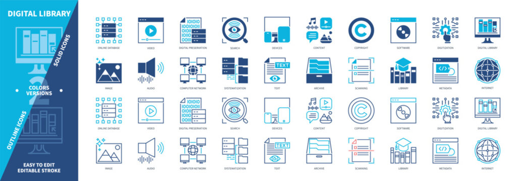 Digital Library icon set. Digitization, Content, Metadata, Devices, Text, Copyright, Database, Library, Internet. Duotone color solid and editable outline icons