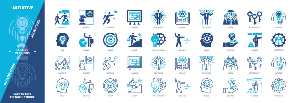 Initiative icon set. Motivation, Confidence, Courage, Project, Target, Skills, Opportunities, Success. Duotone color solid and editable outline icons