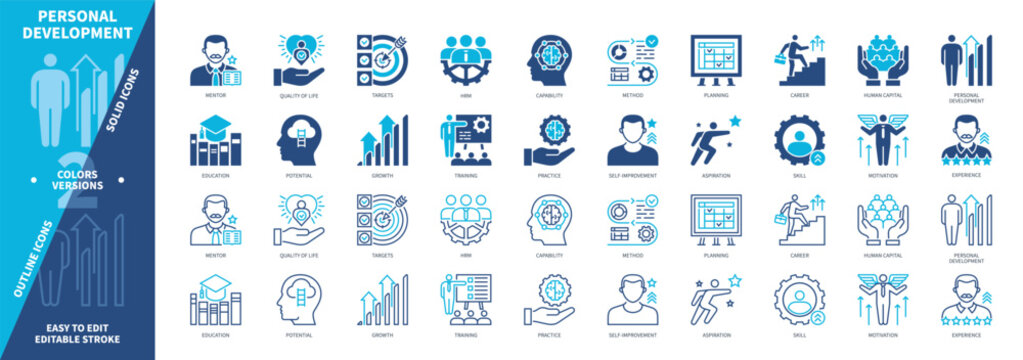 Personal Development icon set. Self Improvement, Activity, Capabilities, Aspiration, Targets, Psychology, Mentor, Education. Duotone color solid and editable outline icons