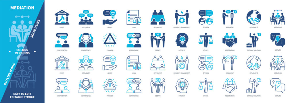 Mediation icon set. Opponents, Dispute, Negotiation, Diplomatic, Ethics, Compromise, Competence, Success. Duotone color solid and editable outline icons