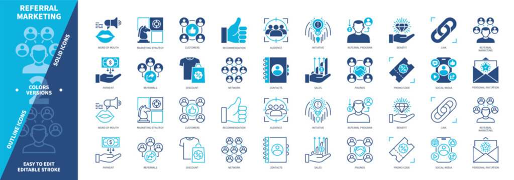 Referral Marketing icon set. Promo Code, Word of Mouth, Initiative, Payment, Customers, Link, Network, Invitation. Duotone color solid and editable outline icons
