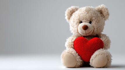 Obraz premium Cute toy bear holding red heart plush toy on plain background.