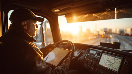 Fototapeta premium Semi truck driver checking GPS navigation in cab interior, early morning light through windshield, over-shoulder view, warm golden hour lighting, documentary style, truck driver cabin, route