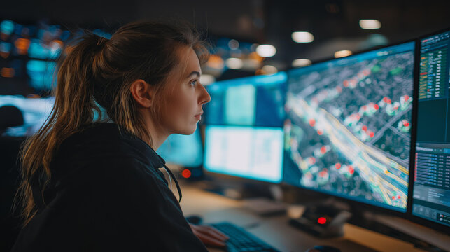 Young dispatcher coordinating routes on multiple screens, modern logistics office, over-shoulder framing, cool corporate lighting, commercial style, fleet tracking, supply chain management, dispatch