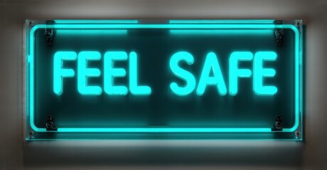 Obraz premium Bright neon sign displays Feel Safe. Turquoise glow contrasts dark background. Modern aesthetic, simple message, inviting ambiance.