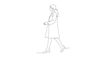 Woman walking in a coat and high heels continuous line drawing.