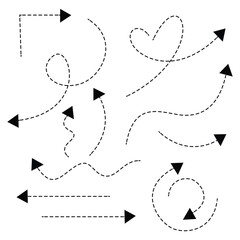 Hand drawn dashed arrows set with different directions and curved paths for infographics and presentation design elements isolated on white background for web app
