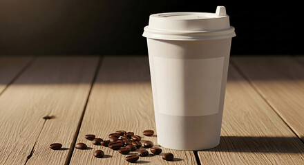 Coffee Cup with Beans on Wooden Surface in Warm Light