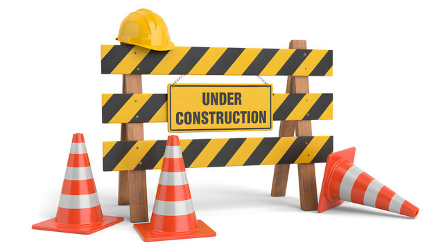 A construction site with a yellow hard hat and traffic cones surrounding a sign that reads under construction