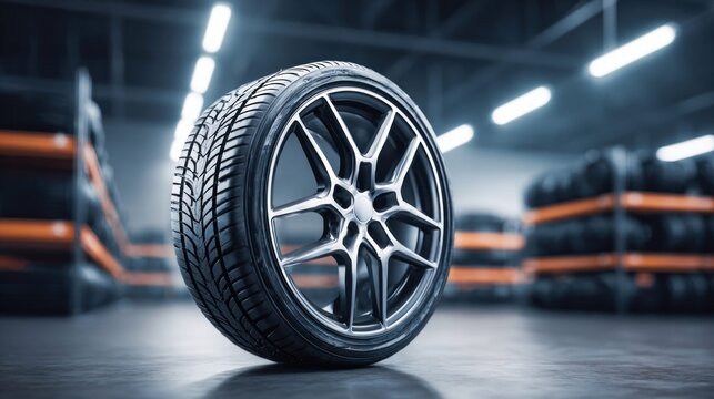Close-up of a new car tire with a sleek alloy rim in a warehouse setting