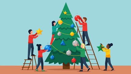 Family Decorating Christmas Tree Together.