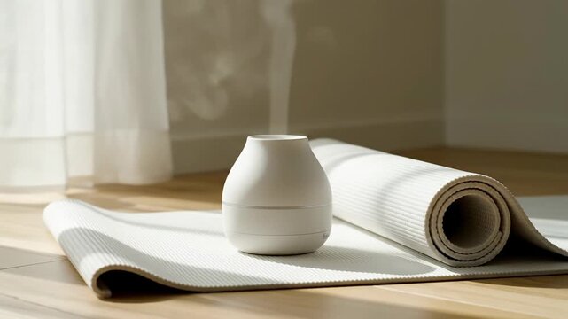 Minimalist home spa setup: yoga mat and essential oil diffuser with mist, bright natural light.
