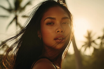 Elegant Young Woman with Long Dark Hair and a Radiant Smile Set Against