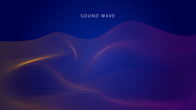 High-quality abstract digital illustration of a sound wave with vibrant orange and purple neon glowing lines. Futuristic equalizer audio visualizer with dynamic flowing particles on dark blue.