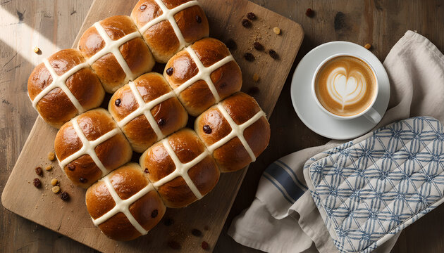 Homemade hot cross buns served with coffee latte