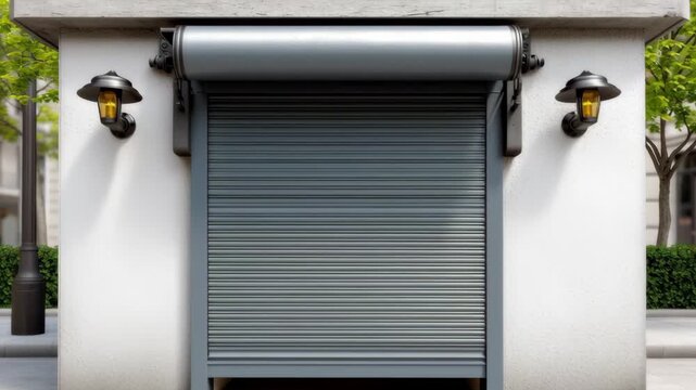 Gray rolling shutter door partially opening in a modern urban setting, flanked by decorative wall lamps and surrounded by greenery, showcasing a contemporary architectural design