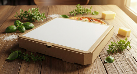 Pizza Box on Wooden Table with Herbs and Cheese