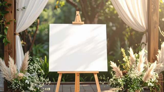 Blank white sign on wooden easel at elegant outdoor wedding ceremony with floral decor
