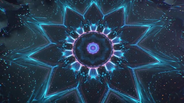 4K cinematic loop, digital holographic planes floating 3D space, planes tearing folding, forming pixelated sacred geometric patterns mandalas, glowing neon blue purple gold lights, abstract futuristic