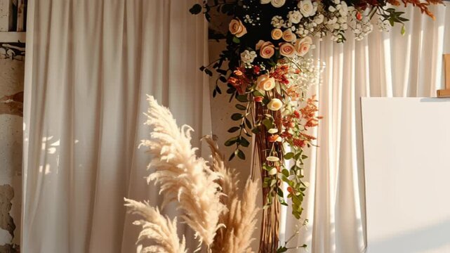 Blank White Canvas on Easel with Elegant Floral and Pampas Grass Wedding Decor