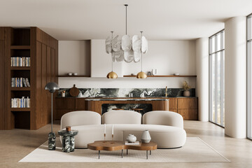 Modern minimalist living room and kitchen interior with neutral tones, wood accents, marble...
