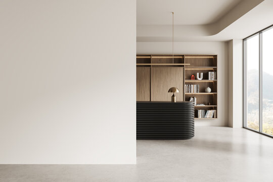 Minimalist interior with empty wall and modern wooden shelves in stylish office space with large windows and elegant clean layout for mockup display. 3D Rendering