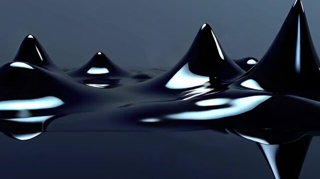 close-up ferrofluid reacting invisible magnetic fields sharp geometric spikes flowing organic shapes, slow-motion, high-speed capture, glossy black liquid, metallic reflections soft cinematic lighting