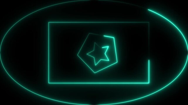 A mesmerizing video showcasing a neon green star logo within a rectangle and oval on a dark background