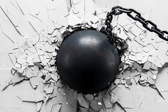Heavy wrecking ball crashing through abstract cracked white wall surface with metal chain in dynamic destruction concept scene. 3D Rendering