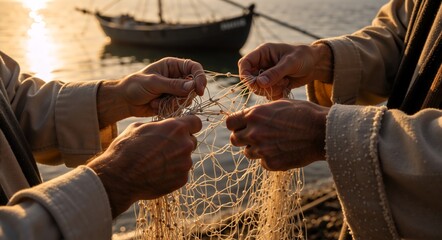Close-up shot of two people mending a fishing net by a serene lake at sunset