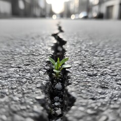 갈라진 길 아스팔트 틈새 올라온 새싹Sprouts from the cracks of asphalt