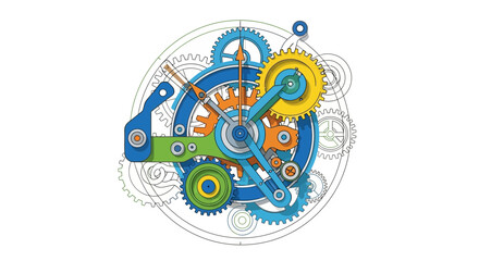 Fototapeta premium Colorful Clockwork Mechanism Diagram. Intricate Gears and Cogs Vector Illustration representing Complex System, Technology, and Engineering Process.