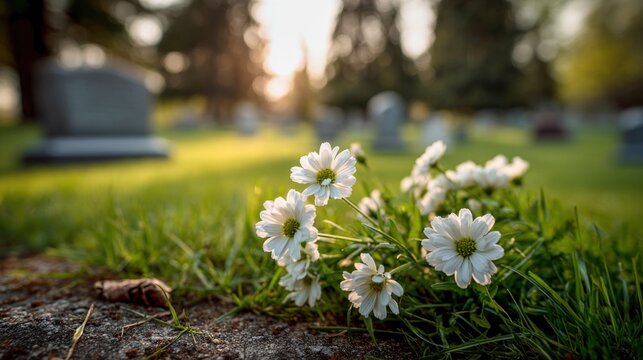 Delicate white daisies bloom in a peaceful cemetery at golden hour