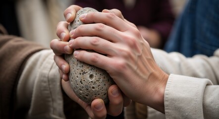 Hands holding a stone, a symbol of strength and support. The focus is on the hands gently clasping the stone, with the textures and details of both the skin and the stone clear