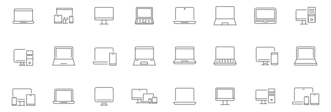 Computer icon set. Laptop, monitor, computing. Editable set of stroke  for technology and electronics interface. Computer and PC monitor, laptop screen, server with different processes. Vector