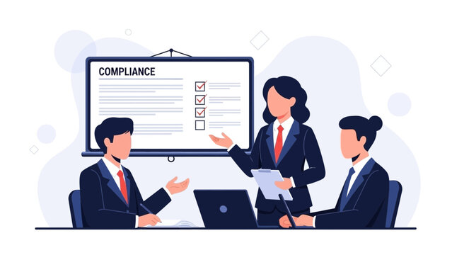 Business Meeting: Compliance Checklist on Screen, Team Collaboration