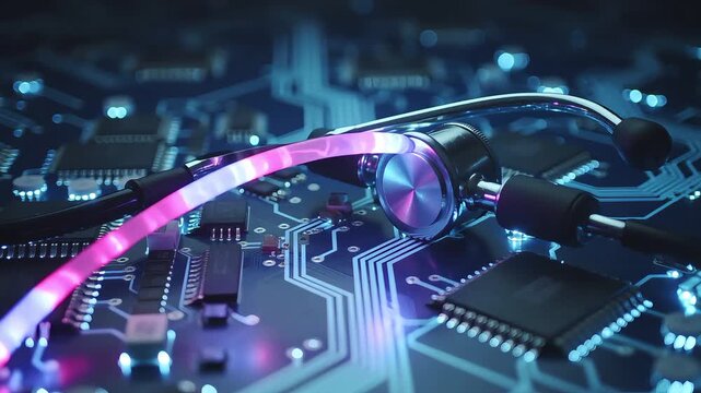 Explore the convergence of healthcare and technology with this 4K HD video featuring a digital stethoscope placed on a high-tech circuit board. This captivating visual symbolizes the role of modern 