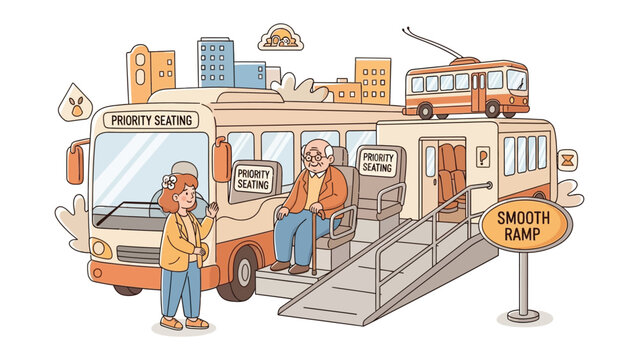 Accessibility Illustration: A detailed illustration captures the essence of inclusivity and ease of travel for all, focusing on a bus with a ramp, priority seating, and assistance.
